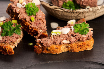Sandwiches with homemade chicken liver pate for breakfast
