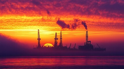 Obraz premium A stunning sunset photo showcases offshore oil drilling in Huntington Beach, California, with vivid hues casting a glow on industrial equipment