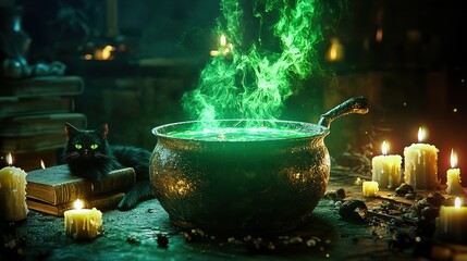 A witch's cauldron bubbling with a glowing green potion, surrounded by candles, spell books, and a black cat, creating an enchanting and mystical atmosphere.