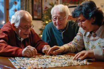 A group of seniors engaged in a fun puzzle game together