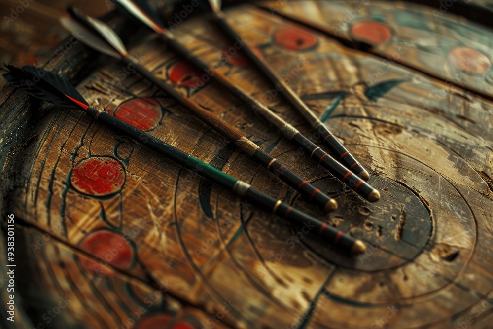 Poster a close-up shot of a wooden table with paintbrushes placed on it, ideal for use in art or creative c