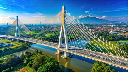 A stunning Pasupati Cable Stayed Bridge stretching across the clear blue sky in Bandung, Indonesia, Architecture, Sunset, Blue Hour, Steel Cables, Engineering, Bandung, Design, Connectivity