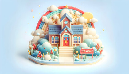 Fototapeta premium Whimsical School Entrance Welcome Sign Symbolizing Inclusive Environment 3D Flat Icon Concept on White Background