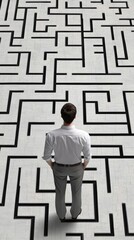 A businessman stands in front of a complex maze, symbolizing the difficulties on the way to success.