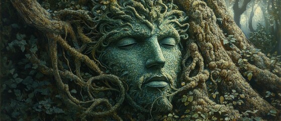Fototapeta premium Green Man Forest Guardian Paganism Religion Spiritual Symbol