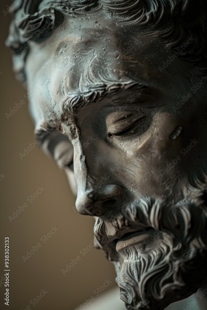 Poster a close-up shot of a statue depicting a bearded man, great for use in historical or artistic context
