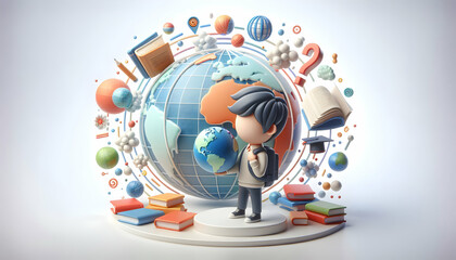 Fototapeta premium 3D Flat Icon: Student with Globe and Textbooks Education Global Perspective Concept with Whimsical Background for TextGraphics, Isolated on White