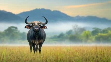 A buffalo is standing in a field of tall grass. The sky is overcast and the grass is wet