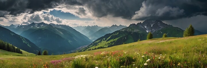 Obraz premium panorama, nature, flower, meadow, mountain, travel, summer, landscape, grass, beautiful, sky, background, outdoors