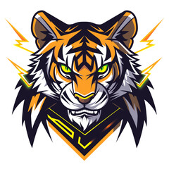 An aggressive tiger with lightning bolts and a digital grid team logo isolated on a transparent background