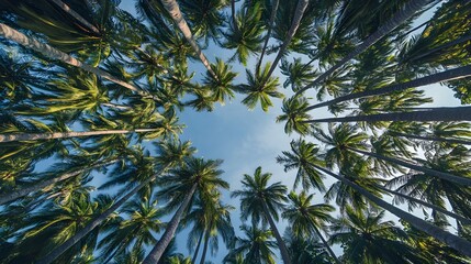 A striking perspective of coconut palms stretching high into the sky, with a clear view of their distinctive curved trunks and feather-like leaves.