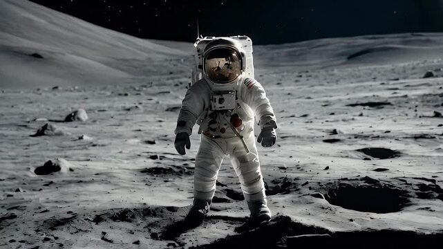  cosmonaut stands on the moon's surface, bathed in the stillness of space, with Earth glowing in the distant background
