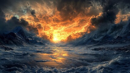 A fiery sunset illuminates the sky above a vast, icy landscape, with towering mountains in the distance and a frozen ocean in the foreground.
