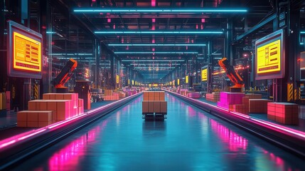 futuristic distribution center with sleek conveyor belts transporting colorful packages robotic arms sorting boxes holographic displays showing logistics data cool blue lighting