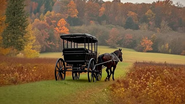 A black Amish-style buggy pulled by a horse in a rural Indiana