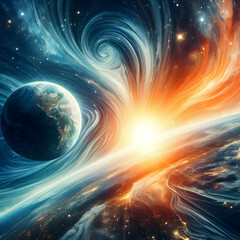 Fototapeta premium Stunning Photo Realistic Earth Sunrise and Space Sunset Concept Breathtaking Image Capturing Celestial Transitions with Ample Space for Text or Graphics in Whimsical Background |