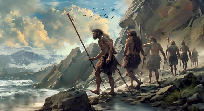 A group of primitive humans with spears walk along a rocky landscape, with a blue sky and birds in the background.