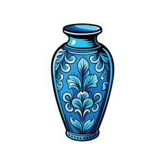 A detailed illustration of a blue ceramic vase with a decorative floral pattern, the vase has a wide round base and a narrow neck.