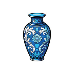 A detailed illustration of a blue ceramic vase with intricate white floral designs.