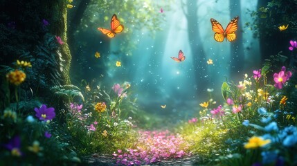A forest with a path and butterflies flying around