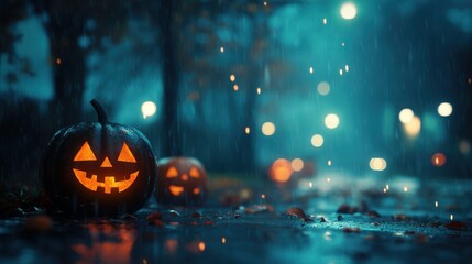 Naklejka premium A pumpkin with a smiley face on it is sitting on a wet sidewalk