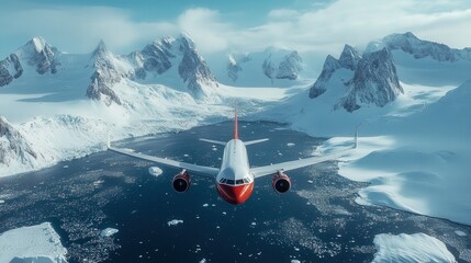 A red and white airplane flying over a frozen lake