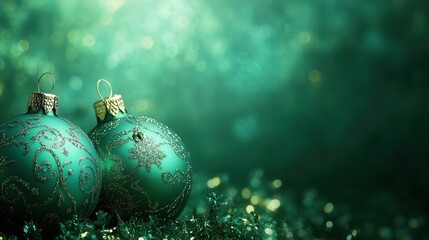 Two green Christmas ornaments are sitting on a green background