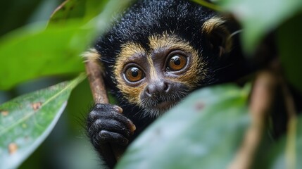 Obraz premium A baby monkey is peeking out from behind a leafy branch