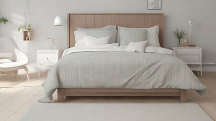 The bed features a tall, tufted headboard in a neutral tone, adding a touch of sophistication and comfort