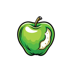 A detailed cartoon illustration of a green apple with a small bite taken out of it.