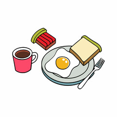 Flat Lay Breakfast Egg, Bacon, Toast & Tea art vector