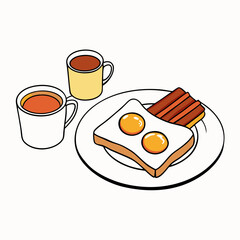 Flat Lay Breakfast Egg, Bacon, Toast & Tea art vector