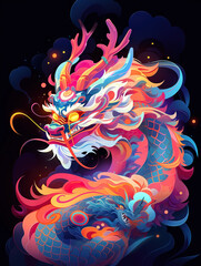  Vibrant and colorful illustration of a mythical dragon surrounded by clouds and flames