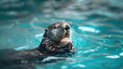A whimsical photograph of a sea otter clutching a colorful seashell, floating in a serene turquoise sea, with its eyes closed as if in a moment of bliss