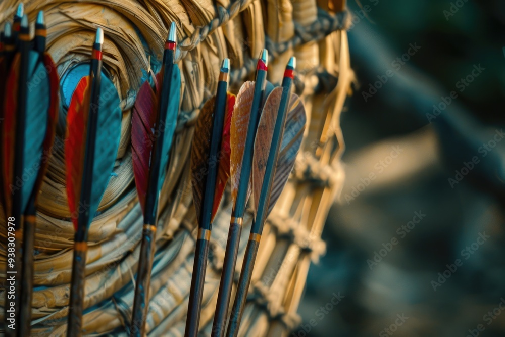 Poster a wicker basket overflowing with colorful feathers, great for decoration or craft projects