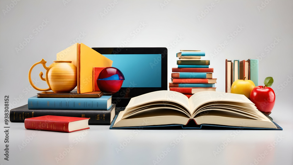 Fototapete 3d flat icon as book and computer concept as a book with a computer beside it set against a dreamy b