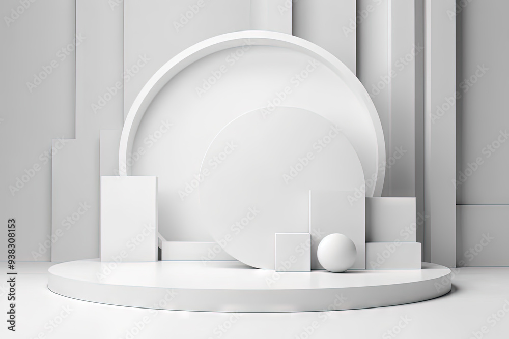 Poster pedestal in the room in white color with geometric shapes. podium for product showcase with geometri