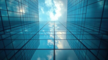 Fototapeta premium geometric patterns of glass and steel in towering skyscrapers low angle shot captures reflections of clouds and sky creating abstract interplay of light and architecture