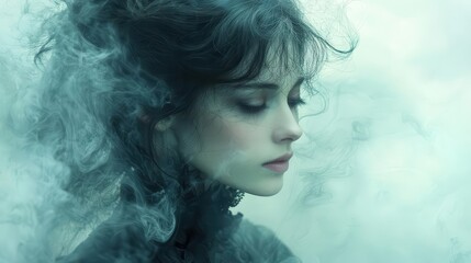 ghostly victorian woman emerging from swirling mist translucent form haunting gaze eerie atmosphere muted colors gothic romance