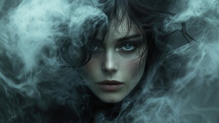 ghostly victorian woman emerging from swirling mist translucent form haunting gaze eerie atmosphere muted colors gothic romance