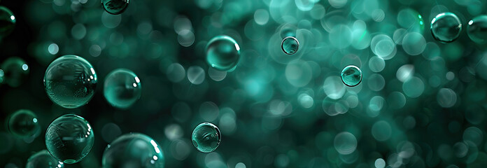 Glowing teal liquid bubbles against a dark background, shimmering and reflecting light with an array of bubbles.