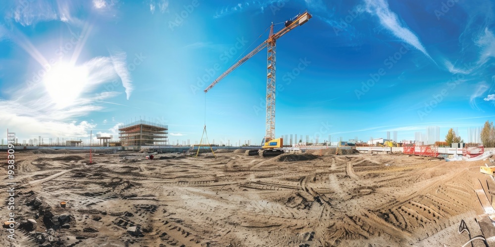 Poster a crane on top of a construction site, suitable for images about building or engineering projects