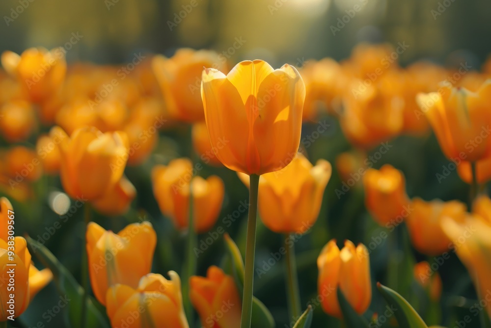 Wall mural A bright and colorful field of orange tulips basking in the warm sunlight