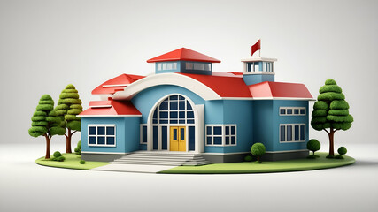 3d Flat icon as School Building and Principals Office concept as A whimsical school building with a principals office set against a dreamy background offering ample space for text or graphics symboliz
