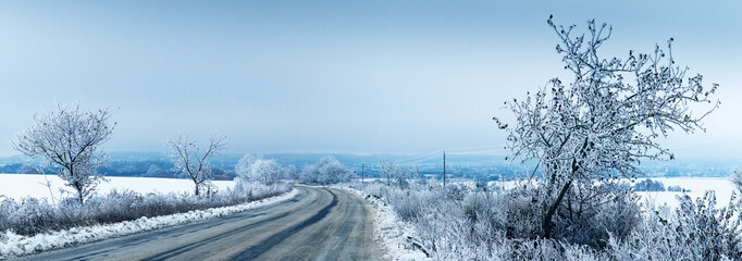 Winter landscape with snow-covered trees on both sides of the road against a blue sky background