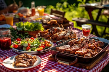 Obraz premium Barbecue party setup with a large picnic table covered with a red-checkered tablecloth, laden with grilled meats, salads, and refreshing drinks.