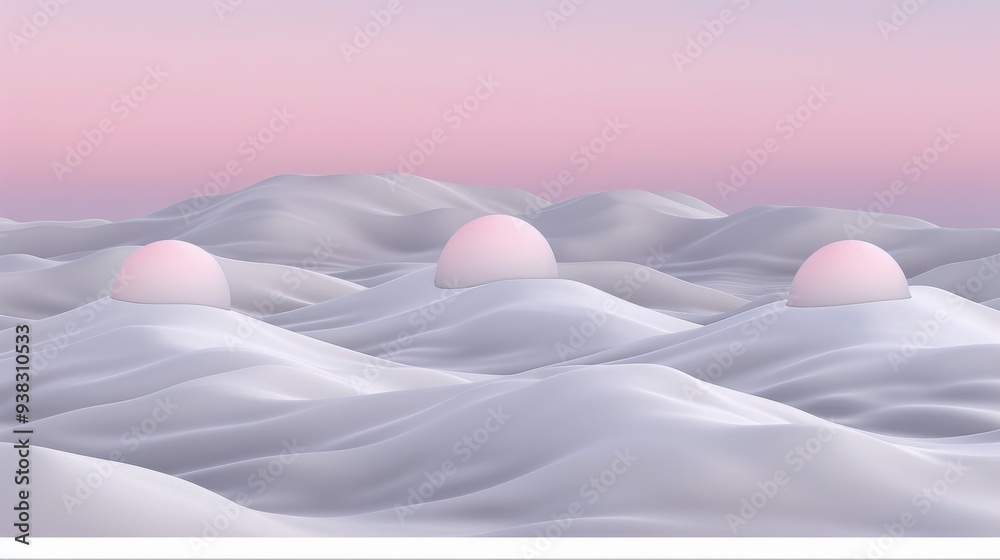 Poster A tranquil scene of smooth, white hills with three glowing orbs under a pink and purple sky.