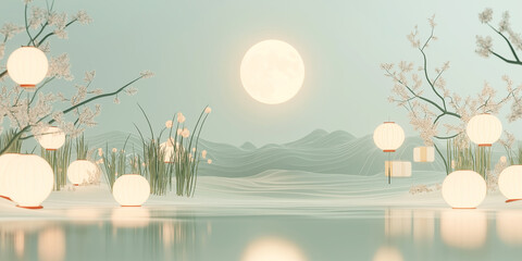 Modern mid autumn festival background with unique 3D rendering, sage color
