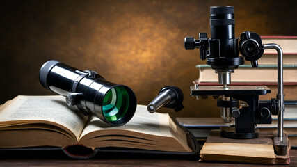 Fototapeta premium Photo Realistic as Book and Microscope concept as A book next to a microscope set against a dreamy background offering ample space for text or graphics symbolizing the connection between literature an