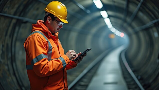 Fototapeta Construction worker in safety gear using tablet in subway tunnel